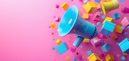 A vibrant 3D illustration representing influencer marketing and social media promotions with colorful geometric shapes and megaphones.の素材