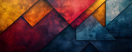 Colorful abstract geometric background with textured layers in red, blue, and yellow tones, creating a dynamic and artistic visual effect.の素材