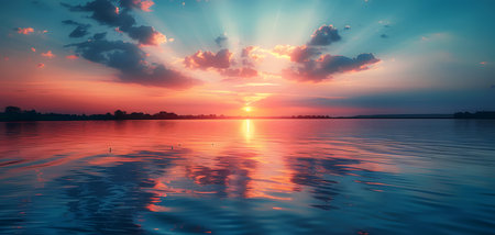 A serene sunset reflected on calm water.  Vibrant sky with clouds.の素材