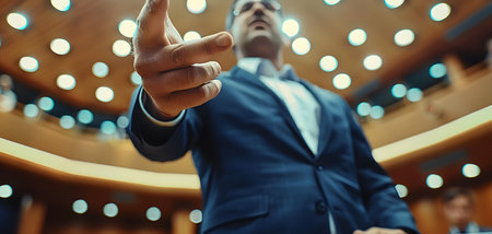 A businessman in a suit points toward the camera with a determined look.の素材