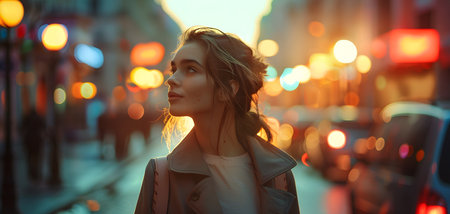 Woman walking in city street, blurred background, warm lights.の素材
