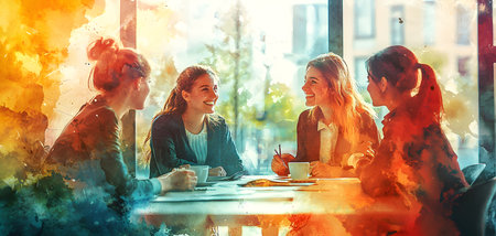 Teachers Share Ideas Over Coffee in a Vibrant, Artistic Settingの素材