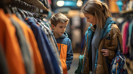 Heartwarming Moments of Mother and Son Shopping for Winter Clothesの素材