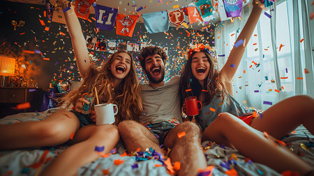 Friends Celebrate with Laughter and Confetti in a Vibrant Roomの素材