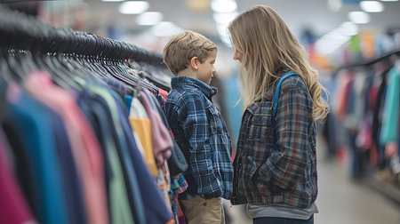 A Heartwarming Connection in a Busy Clothing Store Aisleの素材