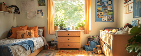 Warm and Inviting Child's Room Bathed in Sunlight with Playful Decorの素材