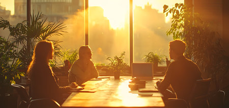 Teamwork and Inspiration: Office Workers Engage in a Productive Meeting, Bathed in the Warm, Golden Light of a Setting Sunの素材