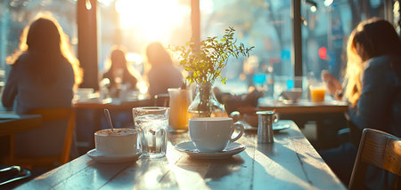 Warm Morning Sunlight Fills a Cozy Caf? As Patrons Enjoy Their Breakfast Together, Creating a Serene Start to the Day With Tea, Coffee, And Conversations Enhancing the Comfortable Atmosphereの素材