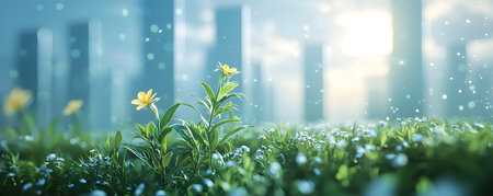 Glistening sunlight kisses vibrant blossoms as they rise from a lush meadow against a serene cityscape backdrop, symbolizing the harmonious union of urban life and nature in a radiant, hopeful scene.の素材