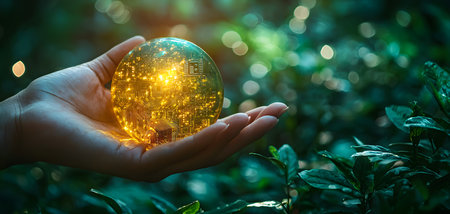 Innovative depiction of modern technology's harmony with nature, featuring a glowing digital circuit globe gently held in an outstretched hand against a vibrant, lush green background. Future insight.の素材