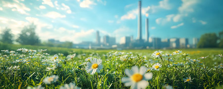 Delight in a field of vibrant white daisies basking under the sun, with a distant industrial power plant juxtaposed against a clear blue sky, highlighting the balance between nature and technology.の素材