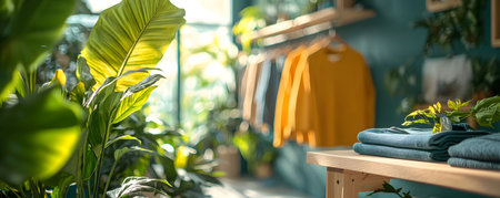 Discover the charm of sustainable shopping at this eco-friendly store, featuring natural fabrics and vibrant greenery in every corner.の素材