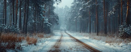 A serene winter road runs through a snowy pine forest, enveloped in mist, inviting solitary travelers into its tranquil, untouched beauty.の素材