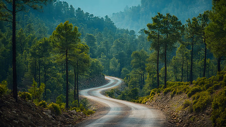 Serenity in Motion: A Winding Path Through Lush, Green, Mountainous Pine Forest Evoking Tranquility and Nature's Majestic Beautyの素材
