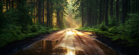 A tranquil drive through a dense pine forest with rays of sunlight filtering through the trees, reflecting on a muddy pathway.の素材
