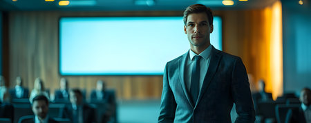 A confident businessman delivers an engaging presentation, captivating his audience with impactful insights and dynamic storytelling.の素材