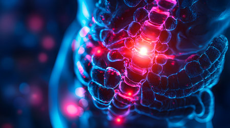 Visual Representation of Intense Stomach Pain Highlighted in Vivid Red on a Dark Blue Backgroundの素材