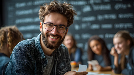 Teacher engages students with flashcards to enhance vocabulary in lively classroom setting, smiles warmly.の素材