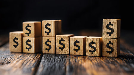 Stacked wooden blocks with dollar symbols depict financial growth and upward trends in a rustic setting.の素材