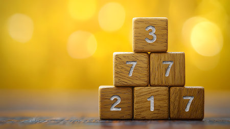 Stacked Wooden Number Cubes against a Bright Yellow Background with Bokeh Effects Create Playful Artの素材