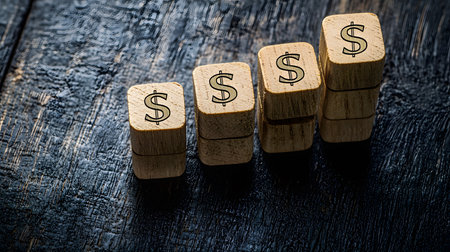 Wooden blocks with dollar symbols stacked in increasing height, representing financial growth and success.の素材