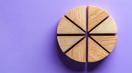 Wooden blocks arranged in a pie chart on a vibrant purple background, symbolizing data visualizationの素材