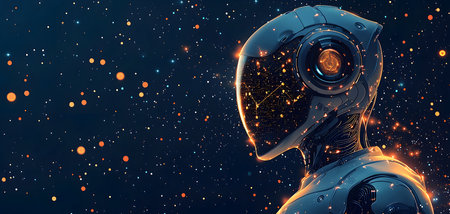 Enchanting robotic figure stares into the galactic abyss surrounded by floating points of light and colorsの素材
