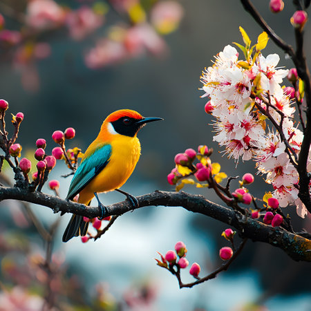 A striking bird with vibrant colors perches on a branch, surrounded by blossoming flowers and buds. The background is slightly blurred, emphasizing the main subject. The bird appears calm and inquisitive, adding to the peaceful atmosphere. This scene captures the beauty of nature during springtime, celebrating new life.の素材