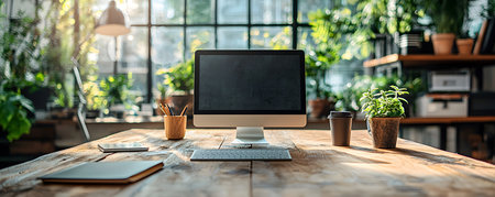 The image showcases a stylish office desk with a computer, surrounded by vibrant potted plants and greenery. Light streams through large windows, creating a warm atmosphere. A wooden desk holds a coffee cup, stationery, and a notebook. This inviting workspace evokes feelings of motivation and calm as the week begins.の素材