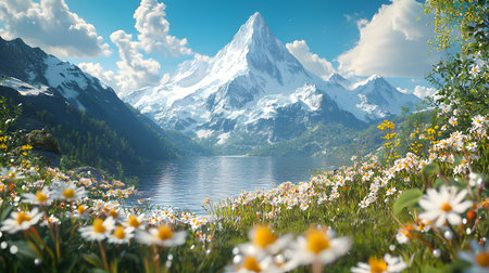 This stunning landscape features majestic snow-capped peaks towering over a tranquil lake, flanked by vibrant wildflowers. The atmosphere is peaceful, with gentle ripples on the water reflecting the azure sky filled with fluffy clouds. Lush greenery surrounds the scene, inviting emotions of tranquility and awe.の素材