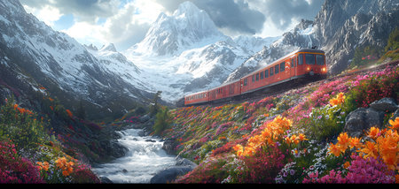 A vibrant train snakes through a breathtaking alpine terrain adorned with colorful flowers, set against majestic snow-capped mountains. The scene captures the essence of nature's beauty, with a gleaming river flowing nearby. The atmosphere feels serene and picturesque, inviting a sense of adventure and exploration.の素材