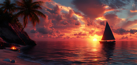 A breathtaking scene with a sailboat gliding gracefully across a tranquil sea at sunset. The fiery sky is ablaze with vibrant colors: oranges, pinks, and purples. Silhouetted palm trees frame the image, hinting at an island paradise. Gentle waves reflect the stunning colors, exuding calmness and beauty.の素材