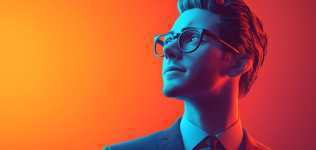The image showcases a young financial advisor in a suit, with a confident expression while looking upward. The background transitions from vibrant orange to deep blue, enhancing the sophisticated feel. The advisor's glasses and haircut frame his face, conveying intelligence and aspiration. The atmosphere is dynamic yet professional.の素材