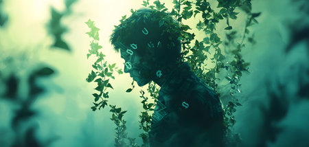 A silhouette of a figure entwined in vivid green vines, their skin adorned with dollar signs and textures reflecting wealth. The background is softly blurred, accentuating the entrapment in nature, yet hinting at serenity. The atmosphere conveys a bittersweet struggle with environmental connection and materialism.の素材
