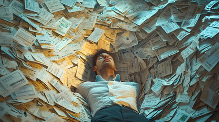 A man lies surrounded by an overwhelming pile of credit card statements and receipts, with eyes closed and a serene expression. The background is filled with scattered documents, some partially overlapping. The atmosphere conveys stress yet calmness, reflecting the burden of financial responsibilities in modern life.の素材