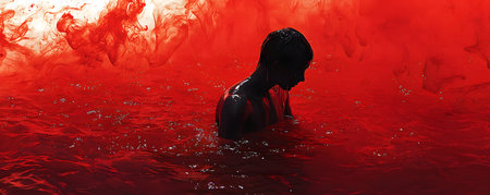 The image showcases a silhouette of a person in a deep sea of swirling red ink, representing turmoil. The figure is partially submerged, capturing a moment of introspection amidst splashes and ripples. The background is filled with vibrant red tones, creating a chaotic yet serene atmosphere that evokes a sense of depth and emotion.の素材