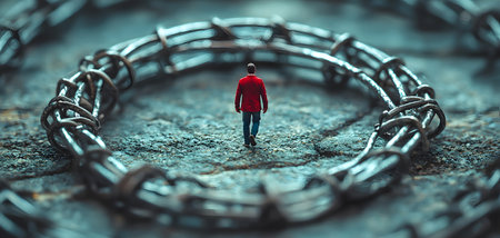 In a dimly lit scene, a man wearing a striking red jacket walks towards a large snare trap. The background features a cracked surface, adding to the foreboding atmosphere. The metal trap looms dangerously, contrasting with the softness of the man's form. The air feels tense and ominous, hinting at an impending threat.の素材