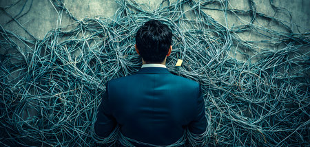 A businessman in a dark suit stands with his back facing the viewer, surrounded by tangled blue strings. The chaotic network symbolizes the overwhelming effects of budget cuts on professional life. His posture conveys frustration and helplessness, set against a textured gray wall that enhances the ambiance of entrapment.の素材