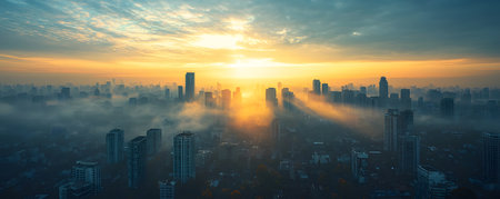 This stunning cityscape showcases an urban skyline at sunrise, shrouded in morning haze. Tall skyscrapers dominate the horizon with beams of sunlight piercing through the fog, creating a mystical atmosphere. The background is a gradient of soft blue and golden hues, evoking tranquility and hope for the day ahead.の素材