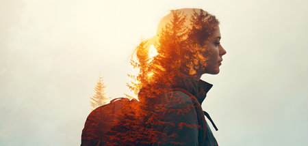 This captivating image showcases a womanâs profile, intertwined with vibrant evergreens against a soft background. The double exposure brilliantly merges her silhouette with the lush trees, evoking a sense of connection to nature. A tranquil atmosphere envelops the scene, inviting contemplation and exploration.の素材