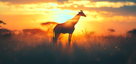 The image features a striking silhouette of a giraffe standing tall amidst tall grasses during sunset. The vibrant golden and orange hues create a warm atmosphere, illuminating the giraffeâs unique patterns. The background is made up of a colorful, expansive sky with soft clouds, evoking serenity and wonder.の素材