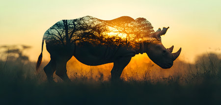 A beautiful silhouette of a rhino walking amidst tall grass during sunset, exhibiting a stunning double exposure effect. The vibrant sunset fills the background, enhancing the serene atmosphere. The rhino appears calm yet powerful, symbolizing wildlife majesty. Background is vivid and solid.の素材