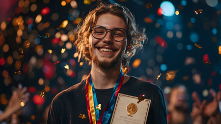 Happy young man with gold medal standing in front of confetti.の素材