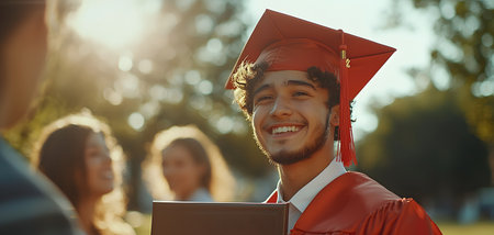 Happy male graduate holding laptop and smiling at camera while standing in front of his friendsの素材
