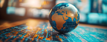The image features a vibrant globe focusing on Africa and Europe, resting on a digitally stylized map. The globe shimmers with golden details against a backdrop that is blurred yet colorful, suggesting a modern, technological ambiance. The atmosphere evokes curiosity and the stakes of global investment strategies.の素材