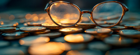 The image features a pair of eyeglasses resting atop a pile of shiny coins, illuminated by warm, golden lights. The coins are reflecting the light, creating a shimmering effect. The glasses have a focus on clarity and perspective amidst the chaotic financial backdrop, evoking themes of insight and contemplation.の素材