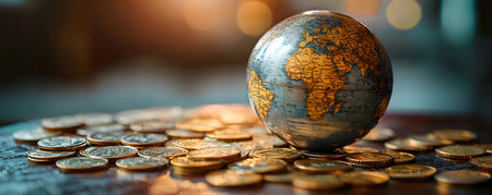 The image features a detailed globe partially surrounded by a scatter of shiny coins, symbolizing wealth. The globe highlights continents and oceans. The background is softly blurred, creating a warm and inviting atmosphere. This scene evokes thoughts on investment, global economy, and financial exploration.の素材