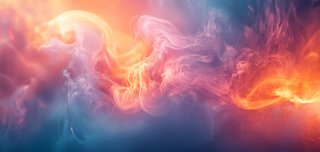The image showcases a fluid blend of vibrant colors resembling smoke, swirling in ethereal patterns. Shades of fiery oranges and soft blues intertwine, creating a mesmerizing backdrop filled with movement. The atmosphere feels both enchanting and mysterious, evoking a sense of surreal wonder in the viewer's mind.の素材