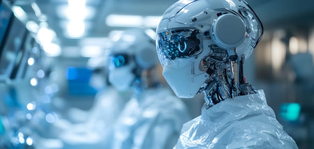 This image showcases humanoid robots in a clinical setting, assisting with medical procedures. Each robot, featuring a sleek design and luminous elements, is engaged in a task, symbolizing the forefront of technology in healthcare. The background is a modern lab with screens, enhancing the high-tech atmosphere.の素材