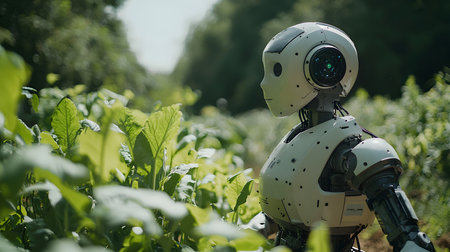 A humanoid robot stands among lush green crops, observing its surroundings. The robot's intricate design contrasts with the vibrant foliage. Soft sunlight filters through trees in the background, enhancing the serene atmosphere. The scene reflects a blend of technology and nature, emphasizing modern farming solutions.の素材